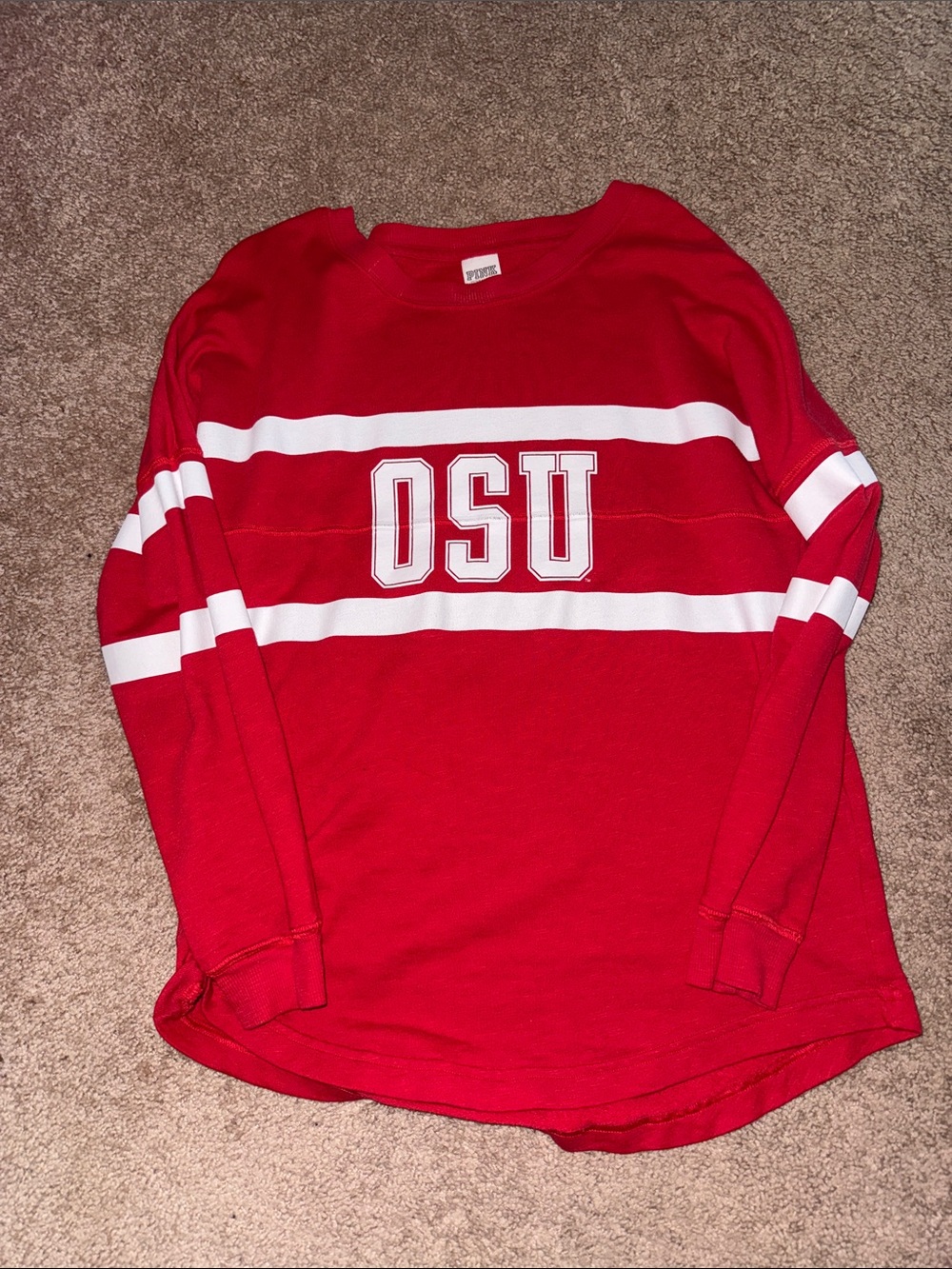 PINK Red OSU Ohio State  Striped Women's Crewneck Sweater